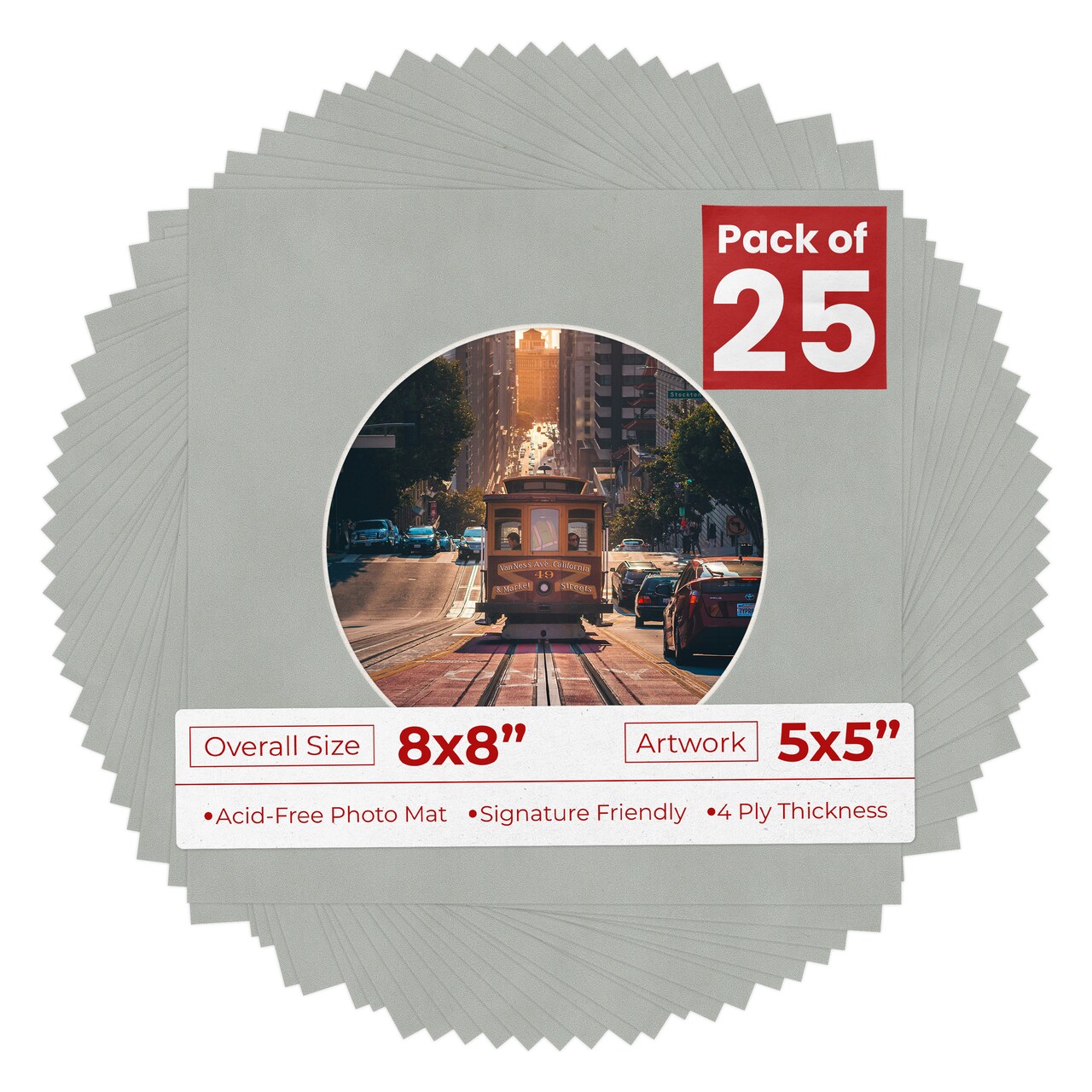 Light Grey Suede Mat Board for 8x8 Frames - Circle Opening for 5x5 Photos